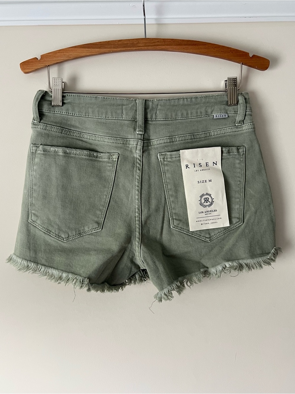RISEN Olive Green Distressed Denim Shorts - Picture 11 of 11